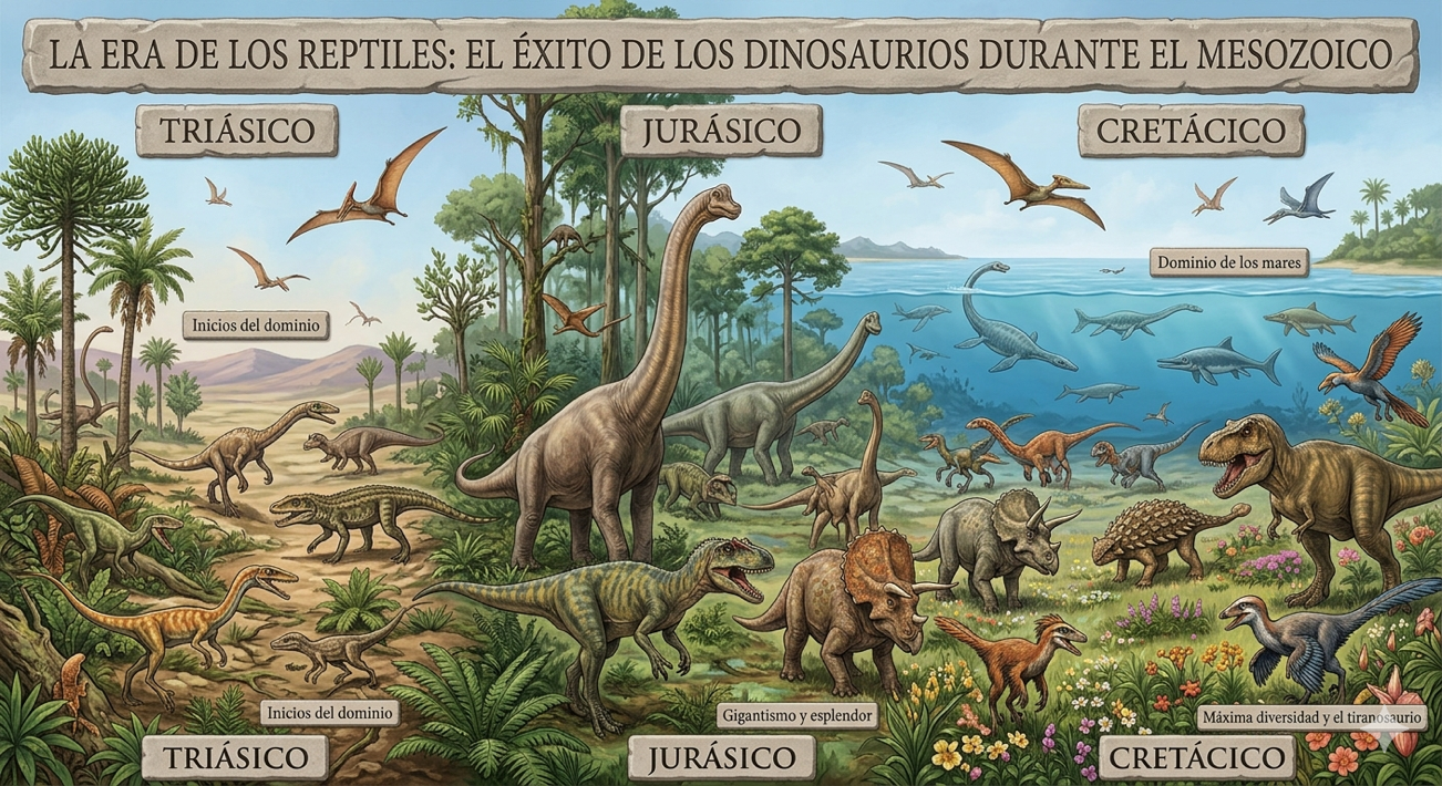 Imagen representativa de la vida en la Tierra durante el Mesozoico