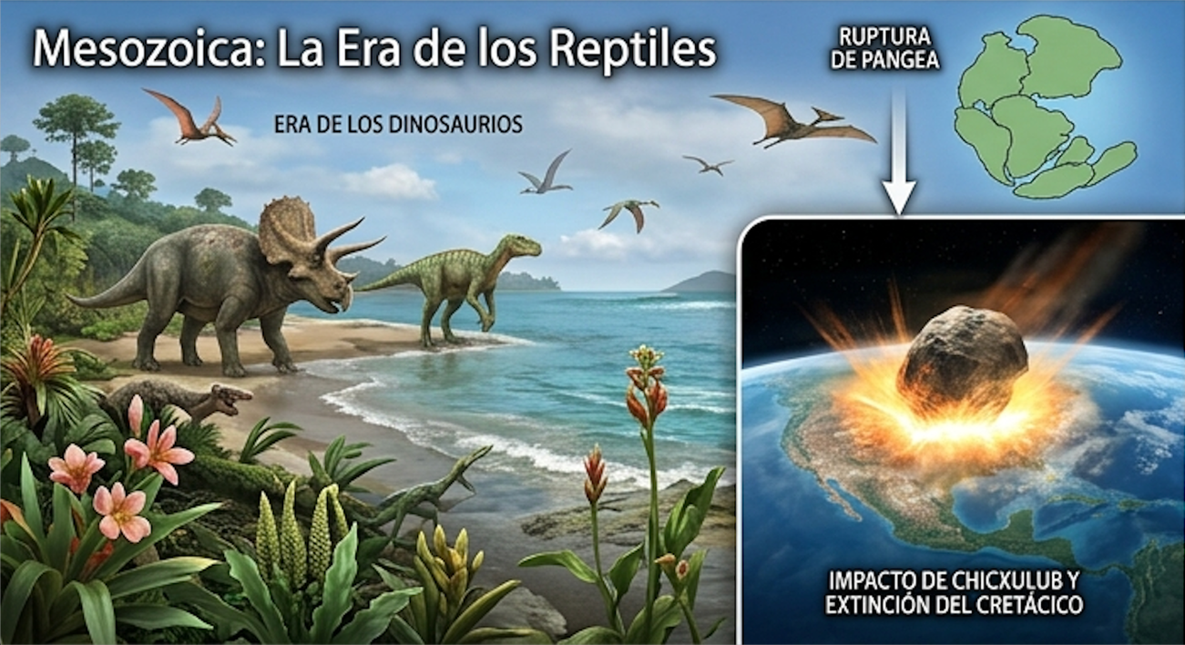 Imagen representativa de la vida y eventos del Mesozoico